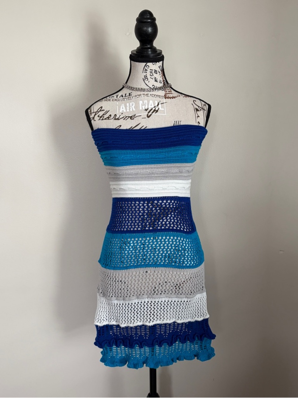 blue crochet tube top strapless summer mini dress